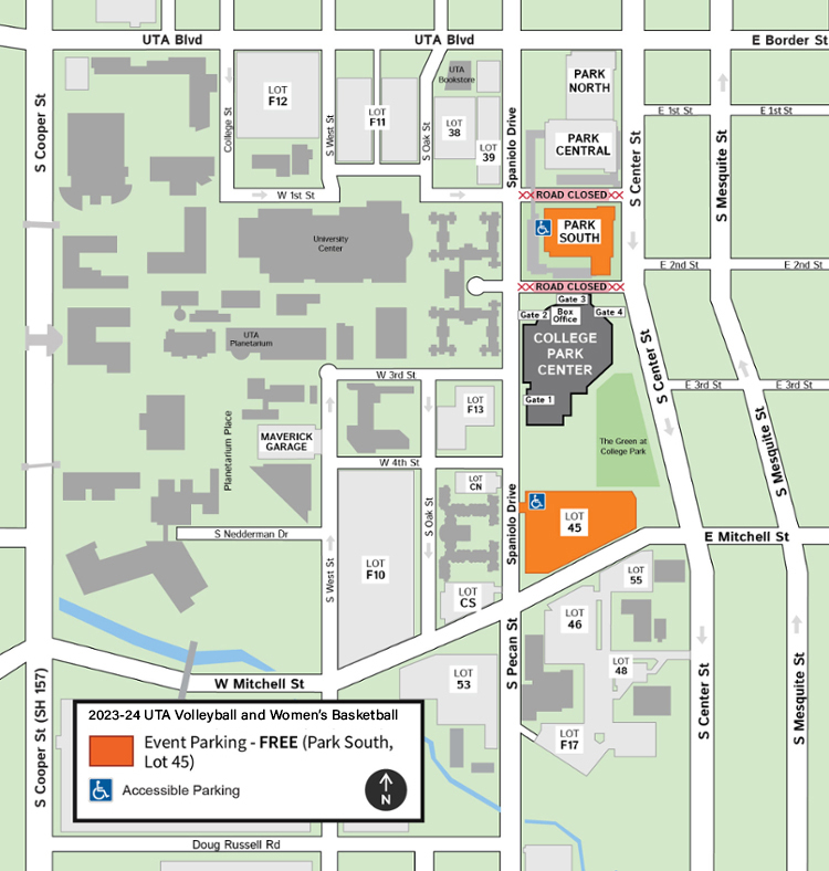 Free parking in Park South parking garage and Lot 45. Accessible parking is available.