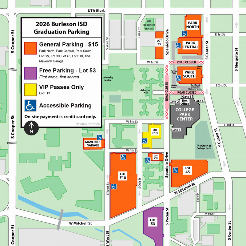 Burleson ISD Parking $15 in General Lots. Free in Lot 53
