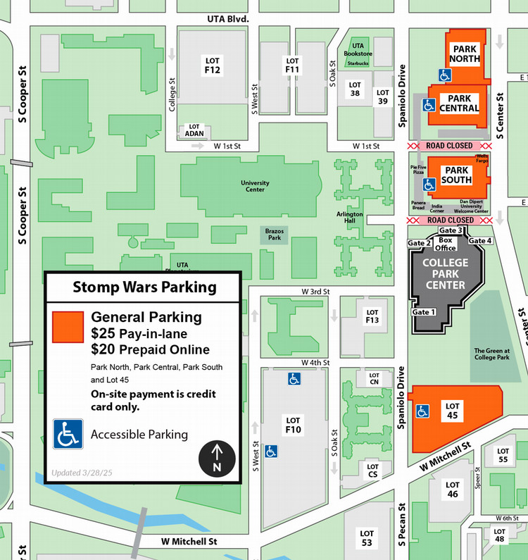 Parking is $20 online and $25 at the site in Park South, Central, and North parking garages and Lot 45. Accessible parking is available.