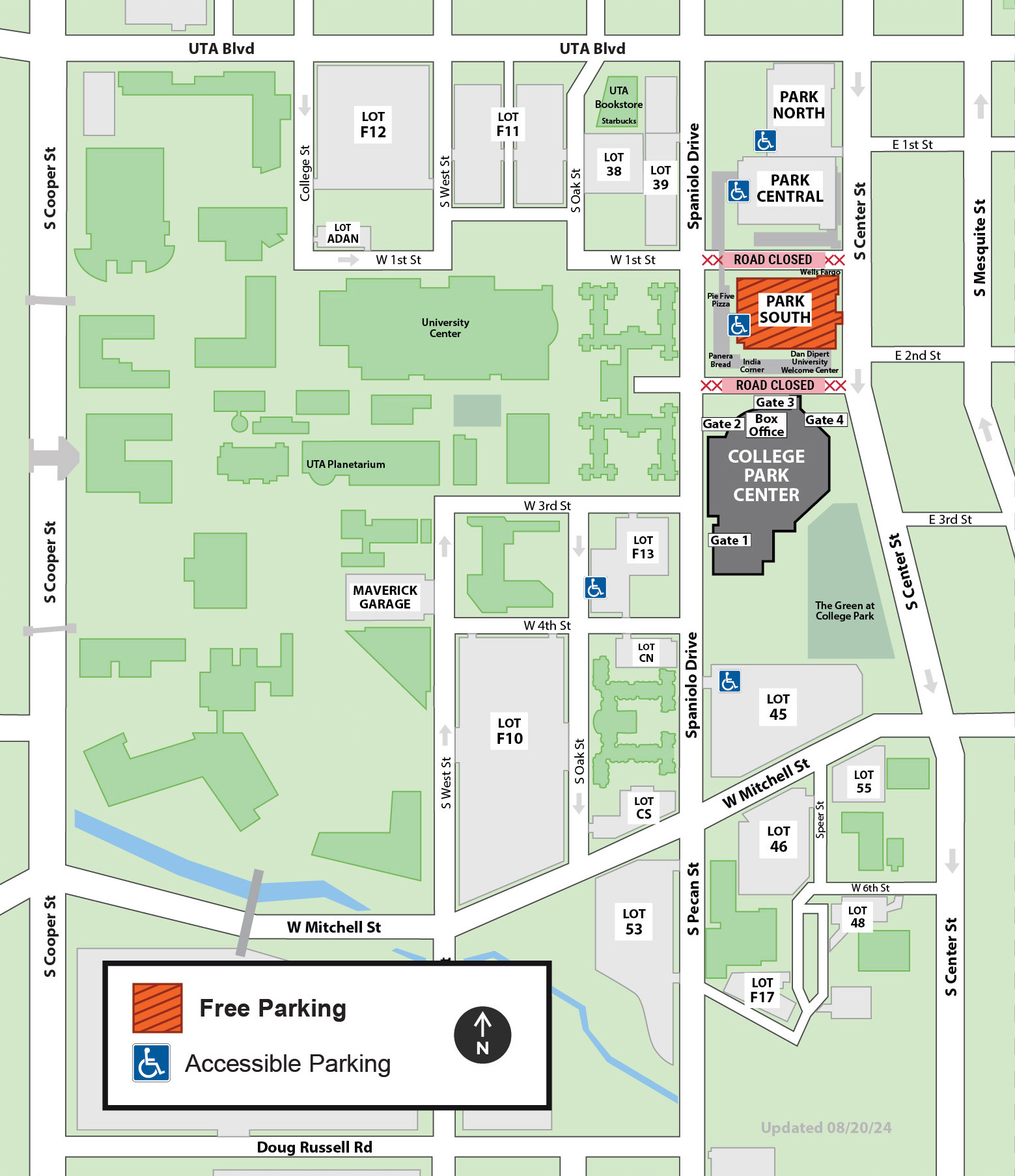 Free parking in Park South parking garage. Accessible parking is available there.